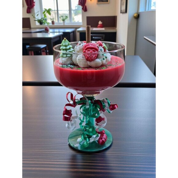 Holiday Candle ✦ Mistletoe & Cinnamon ✦ Soy Wax in XL Wine Glass w/ Green Stem - Picture 3 of 10